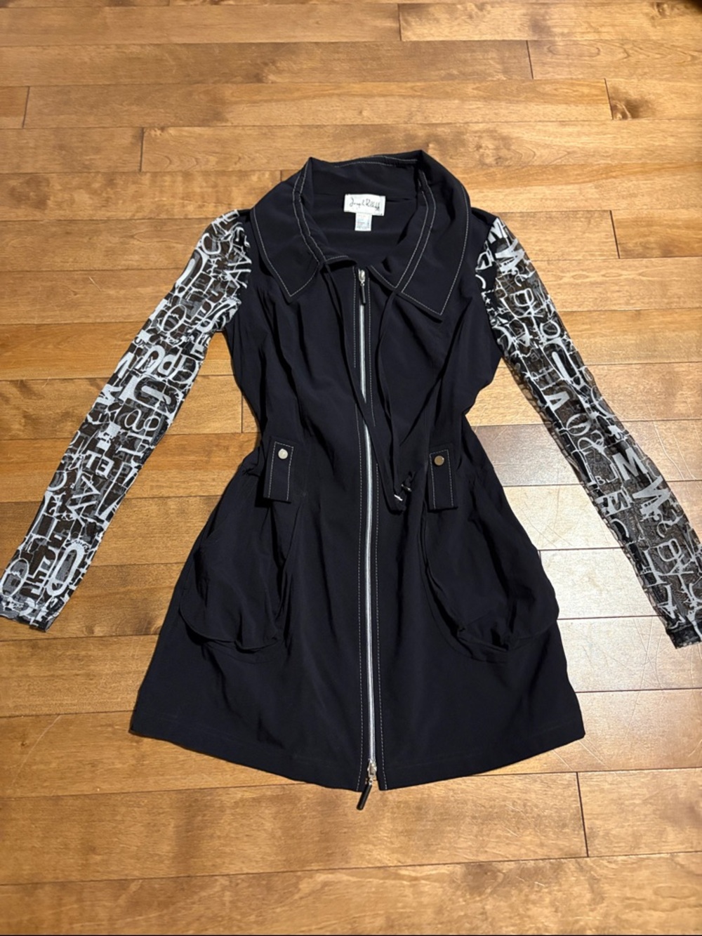 Joseph Ribkoff Black Jacket with White Graphic Sleeves | Style as Mini Dress!